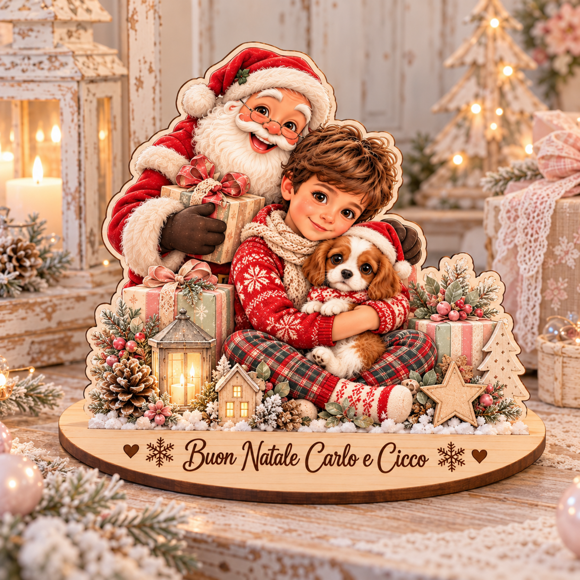 "il tuo Natale" | Decorazione personalizzata in legno con personaggi e dedica in legno BELLINVETRO VR-UV 314