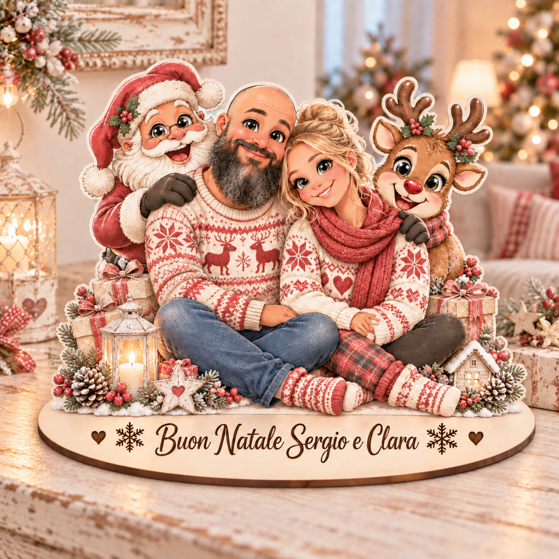 "il tuo Natale" | Decorazione personalizzata in legno con personaggi e dedica in legno BELLINVETRO VR-UV 314