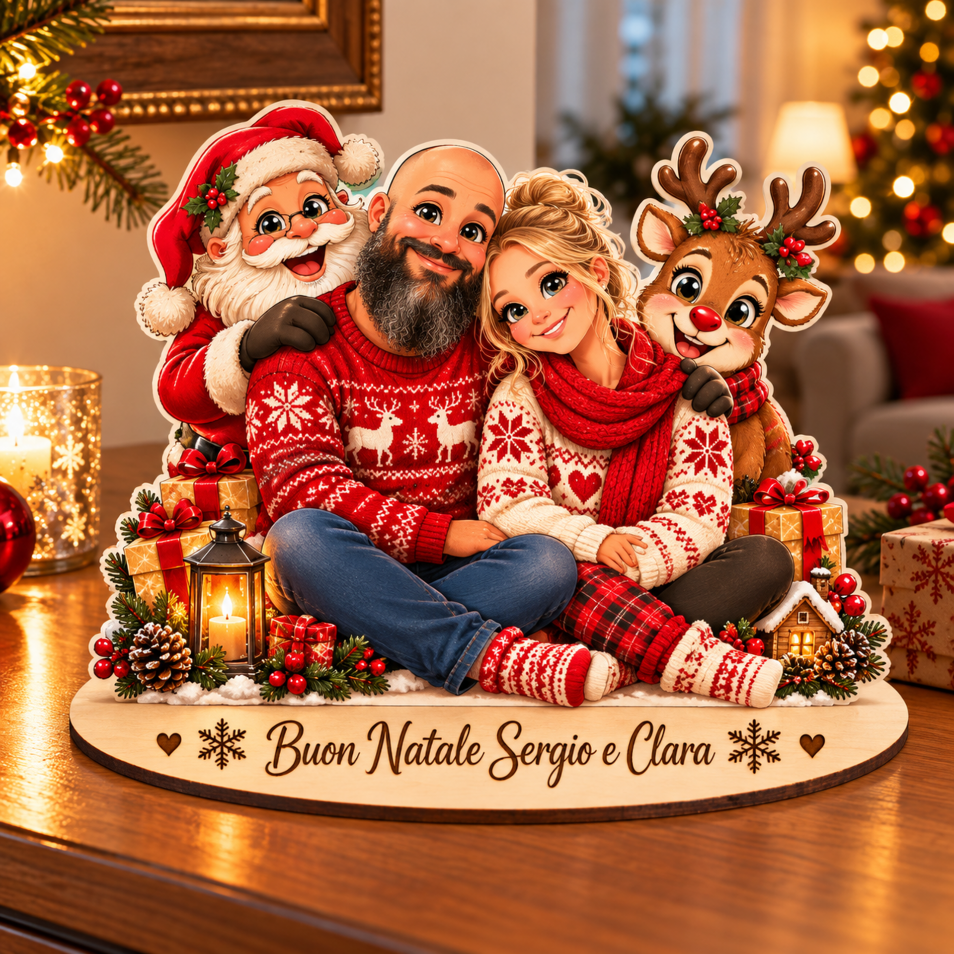 "il tuo Natale" | Decorazione personalizzata in legno con personaggi e dedica in legno BELLINVETRO VR-UV 314