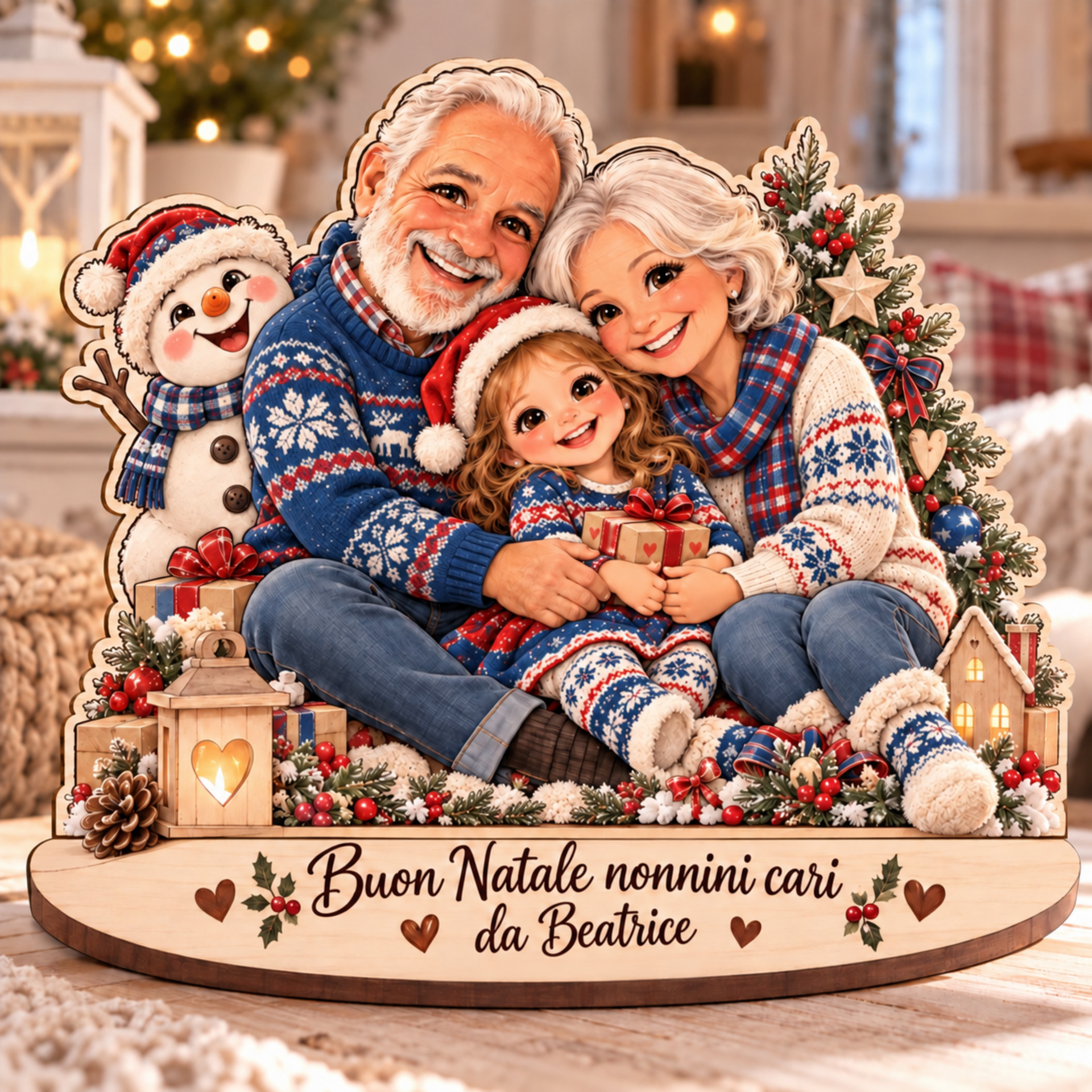 "il tuo Natale" | Decorazione personalizzata in legno con personaggi e dedica in legno BELLINVETRO VR-UV 314