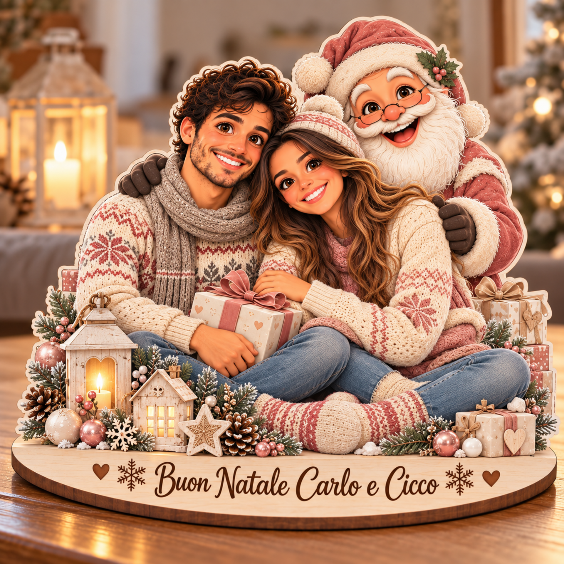 "il tuo Natale" | Decorazione personalizzata in legno con personaggi e dedica in legno BELLINVETRO VR-UV 314