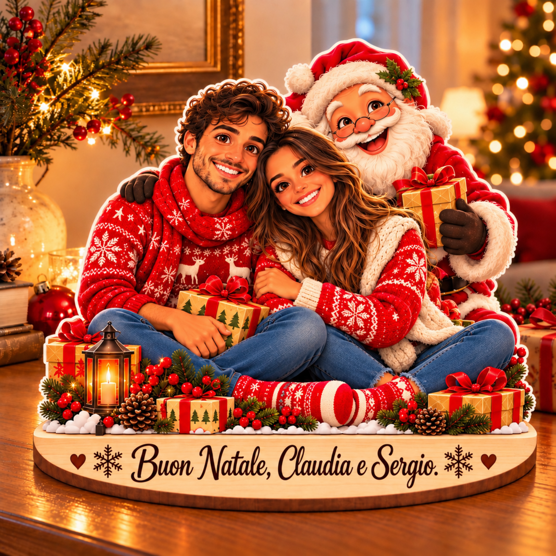 "il tuo Natale" | Decorazione personalizzata in legno con personaggi e dedica in legno BELLINVETRO VR-UV 314
