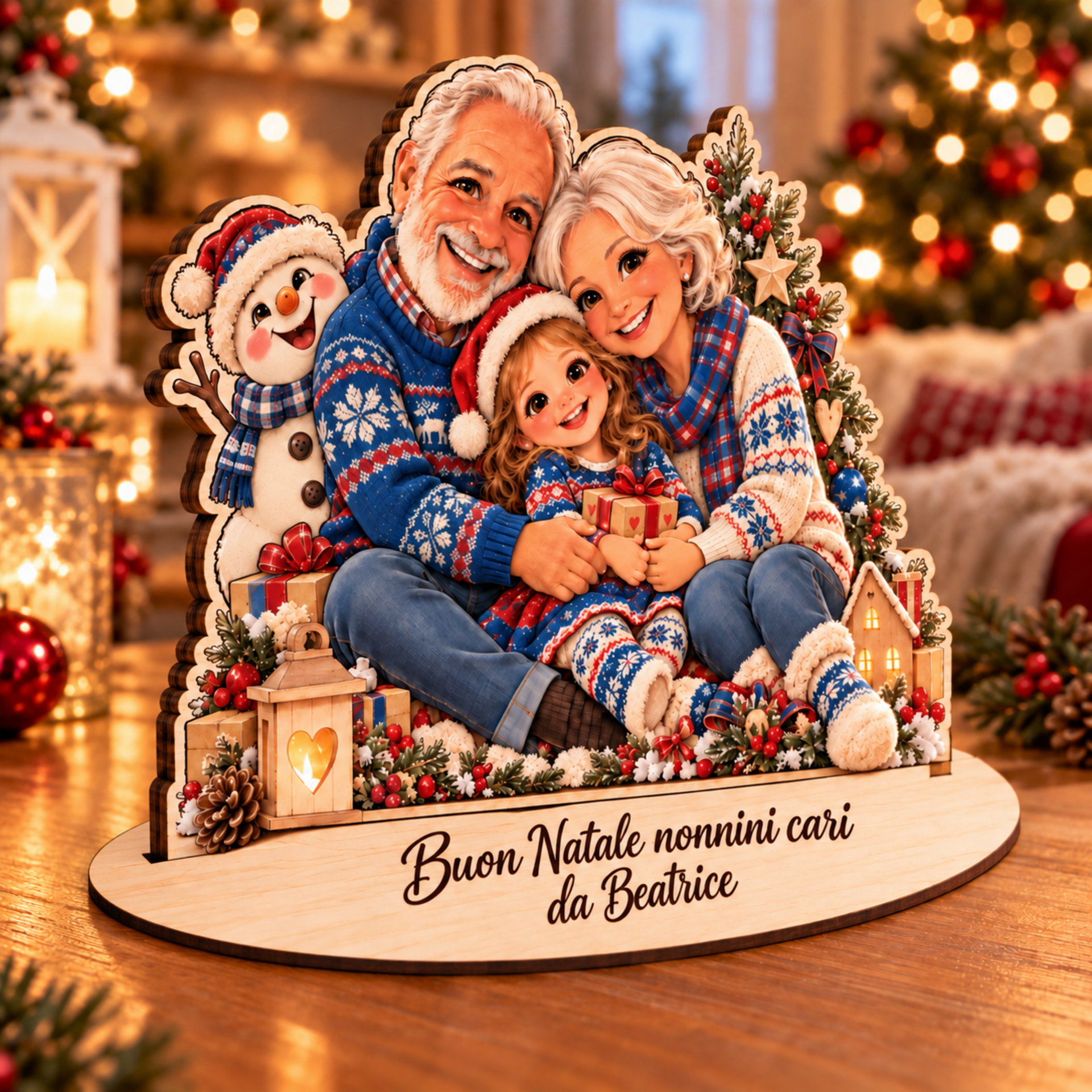"il tuo Natale" | Decorazione personalizzata in legno con personaggi e dedica in legno BELLINVETRO VR-UV 314