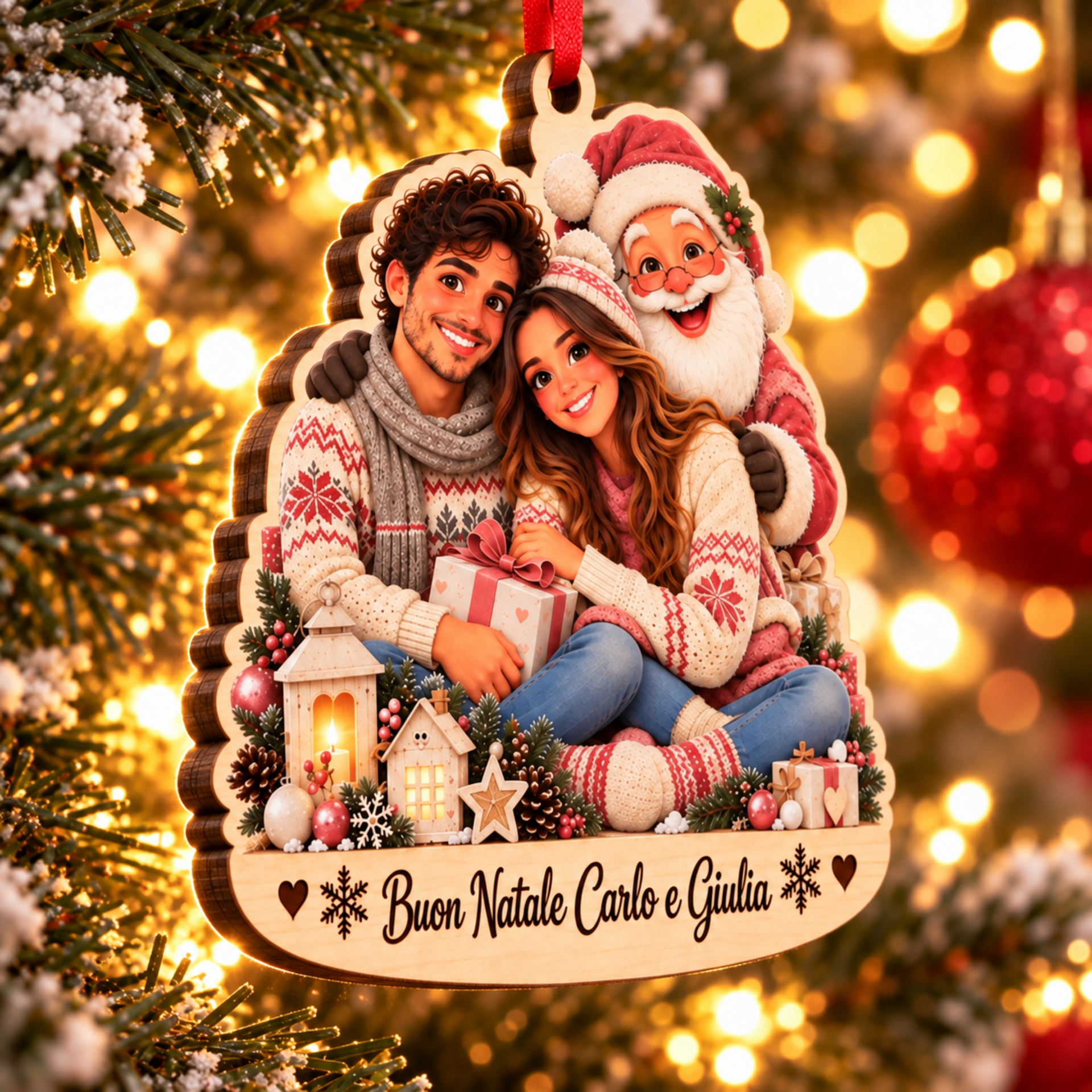 "il tuo Natale" | Decorazione personalizzata in legno con personaggi e dedica in legno BELLINVETRO VR-UV 314