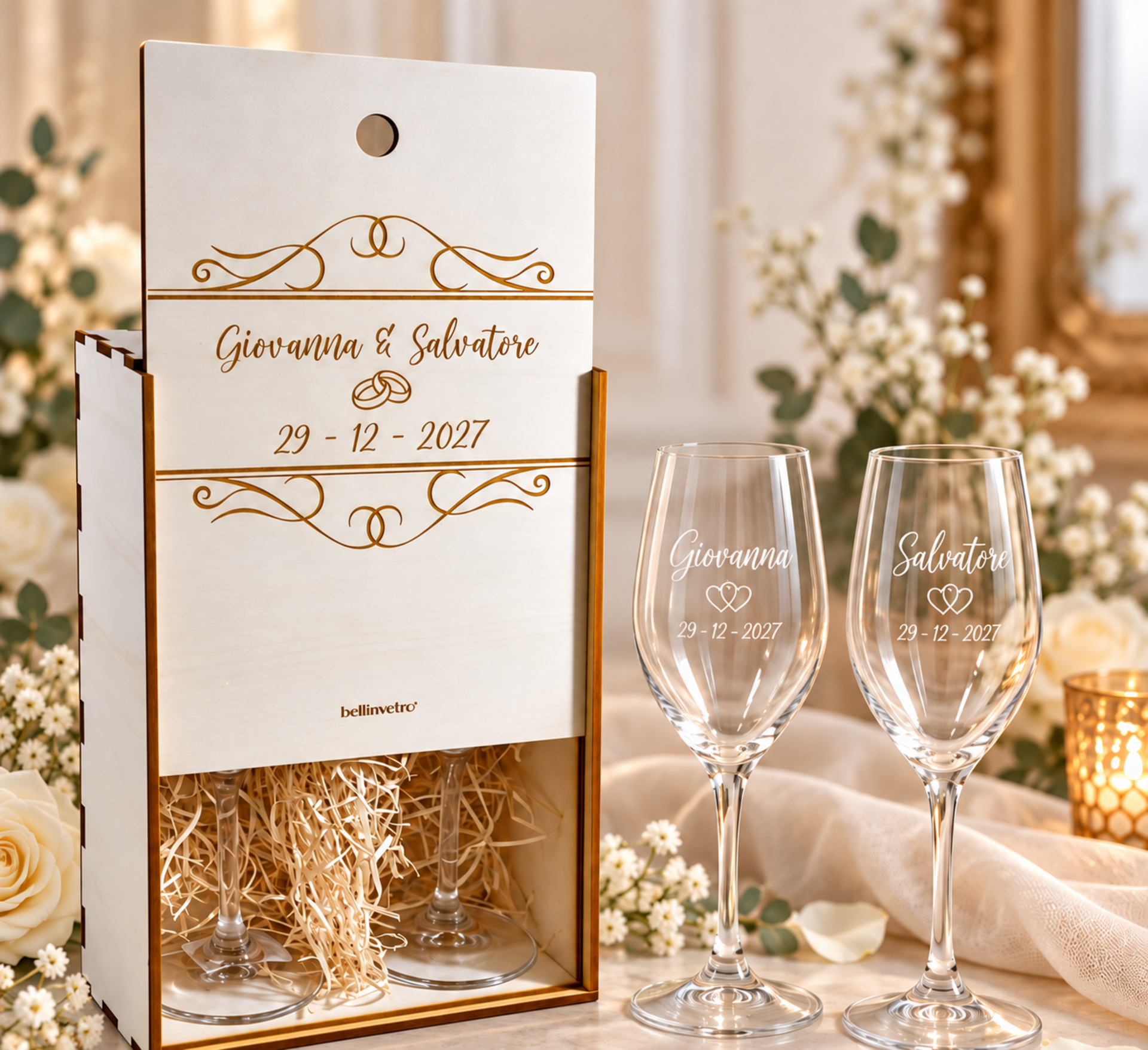 Cofanetto cassettina in legno porta calici personalizzata BELLINVETRO VR 1137