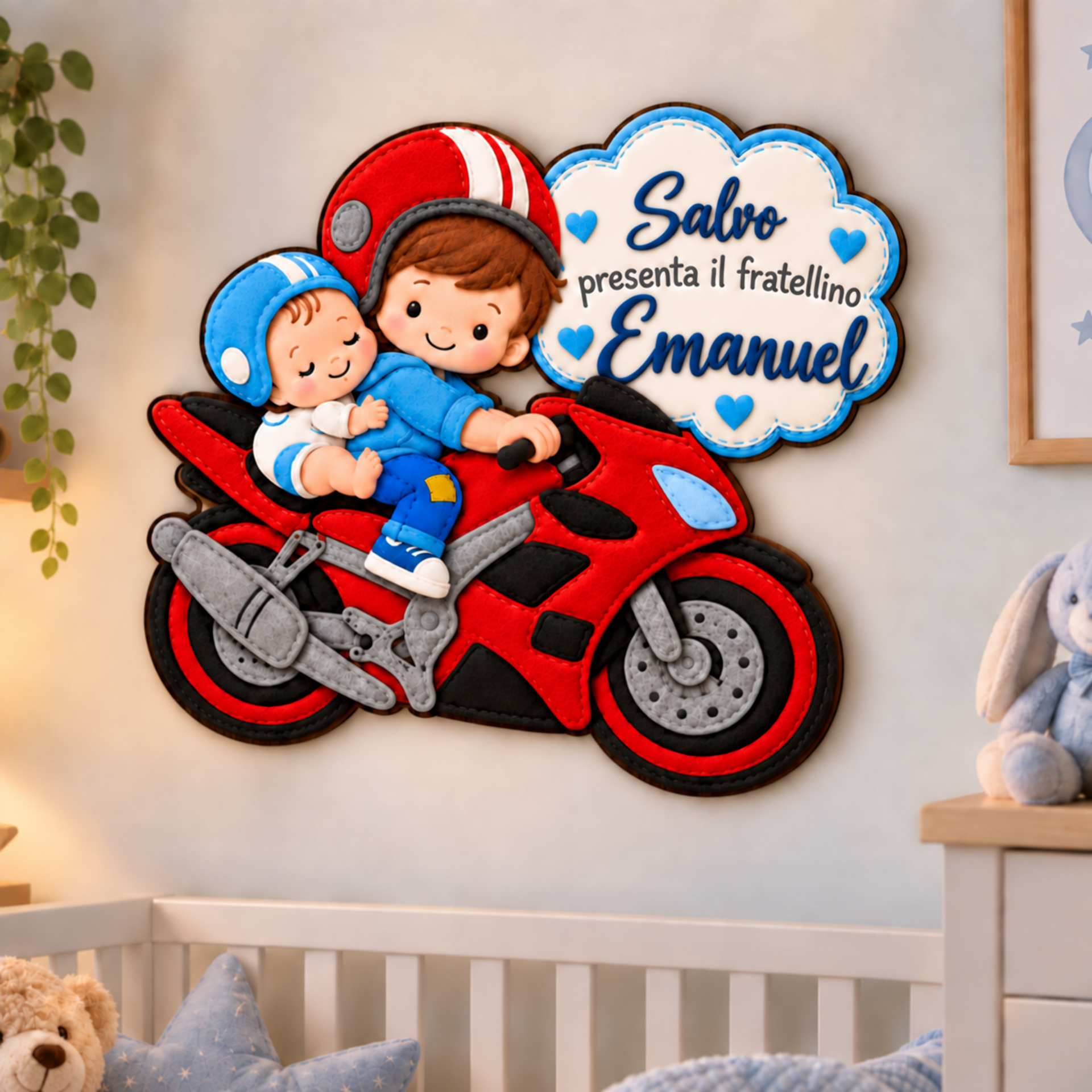 Fiocco Nascita bimbo con fratellino sulla moto con nuvola e nomi VERSIONE MASCHILE BELLINVETRO VR-UV 1540
