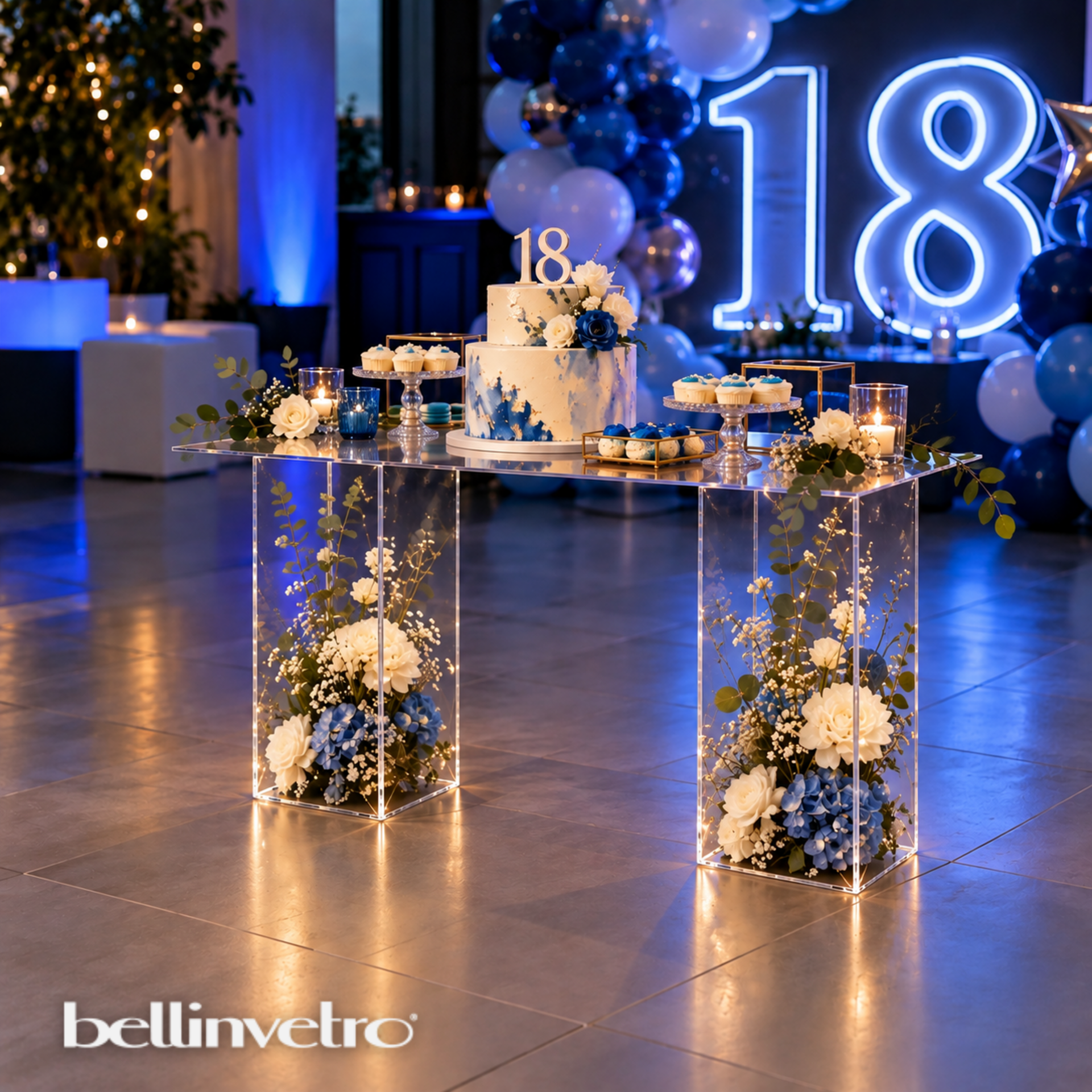 Tavolo Espositivo in Plexiglass Trasparente con 2 Colonne | Per Allestimenti Eventi e Confettate BELLINVETRO VR 1546