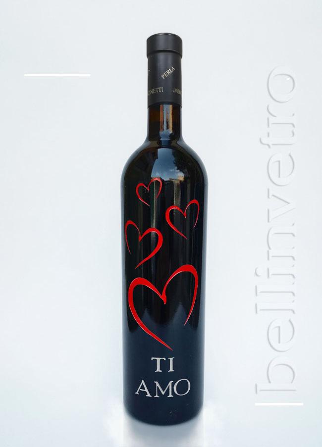 Bottiglia incisa e dipinta a mano ti amo VINO CANTINE PAOLINI 03