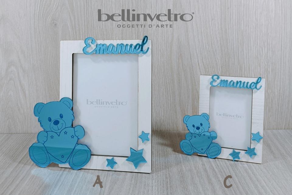 Portafoto orsetto sognatore bimbo in legno intagliato e sovrapposizione in plexiglass BELLINVETRO VR 151