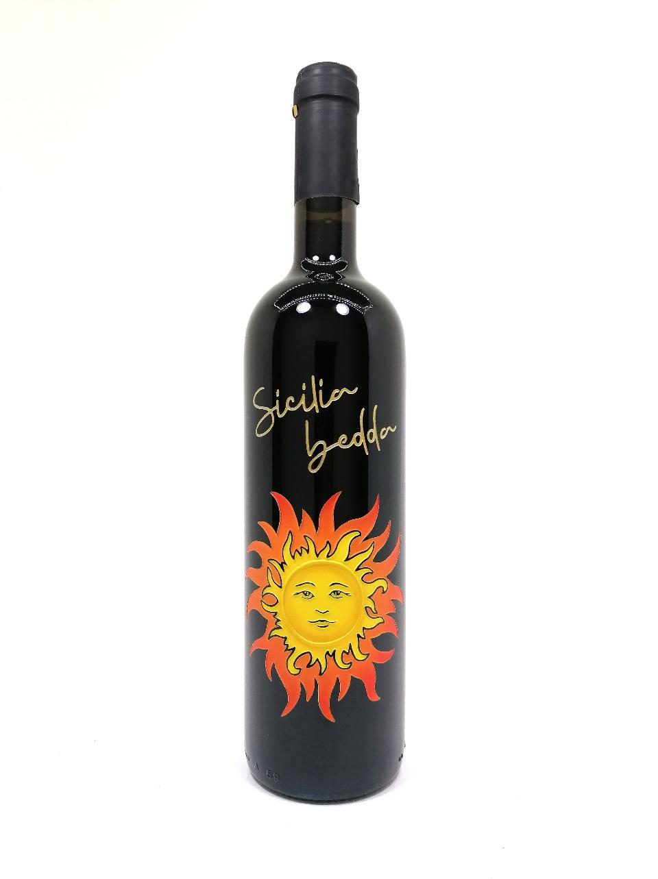 Bottiglie siciliane incise e dipinte a mano Sole rosso souvenir BELLINVETRO VINO PAOLINI SVN 05