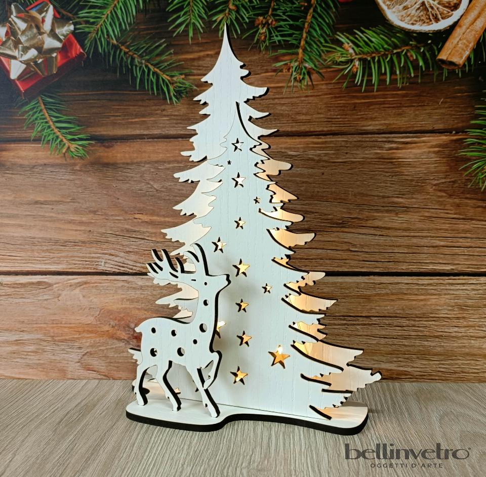 Renna con alberi con base d'appoggio in legno e luci led BELLINVETRO VR 377