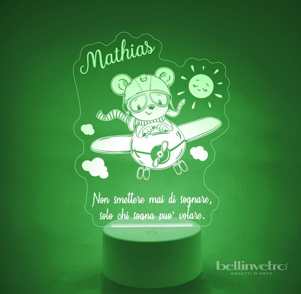 Lampada LED in plexiglass | NIGHT LIGHT | orsetto con aeroplano BELLINVETRO VR 394