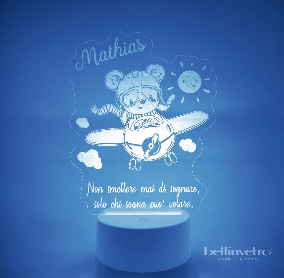 Lampada LED in plexiglass | NIGHT LIGHT | orsetto con aeroplano BELLINVETRO VR 394