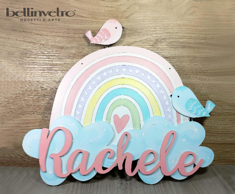Nuvola arcobaleno con nome decorata in legno personalizzato BELLINVETRO VR 324