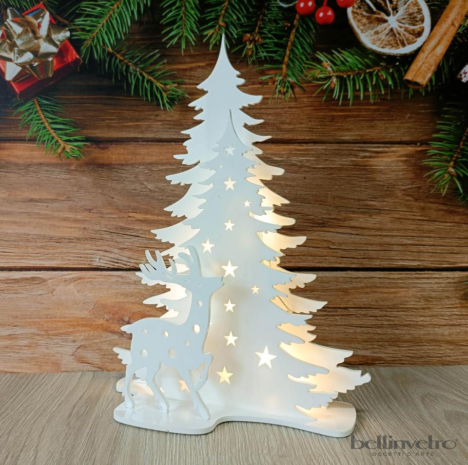 Renna con alberi con base d'appoggio in plexiglass bianco e luci led BELLINVETRO VR 377