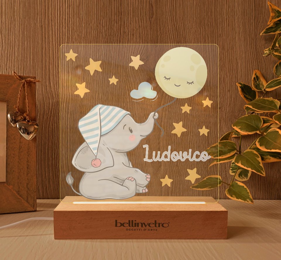 Lampada LED in plexiglass | NIGHT LIGHT | elefantino con base in legno BELLINVETRO VR-UV 1287