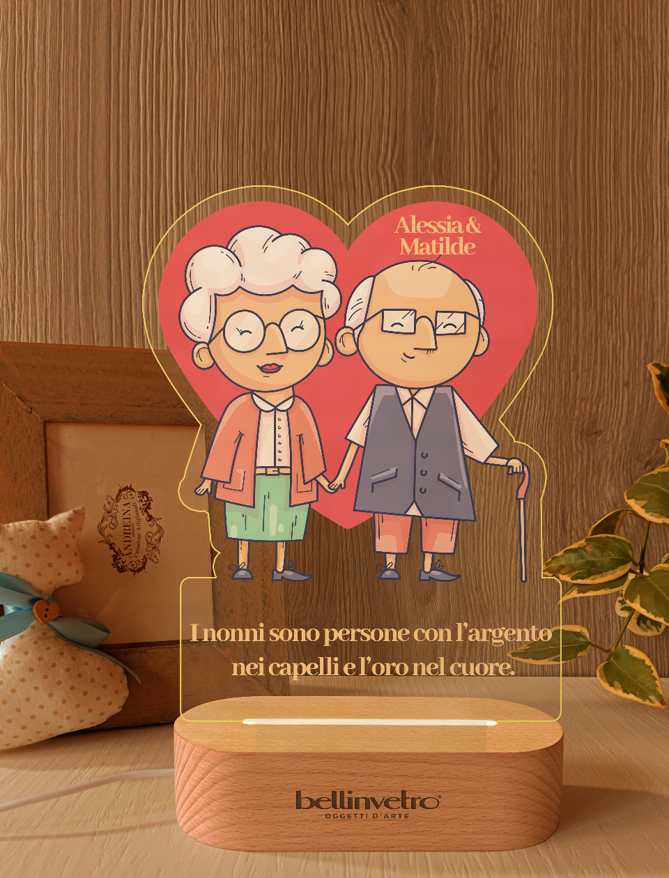 Lampada LED in plexiglass | NIGHT LIGHT | festa dei nonni con base in legno BELLINVETRO VR-UV 865