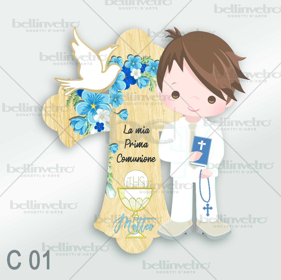 Bomboniera in legno comunione bimbo/bimba con croce BELLINVETRO VR-UV 440