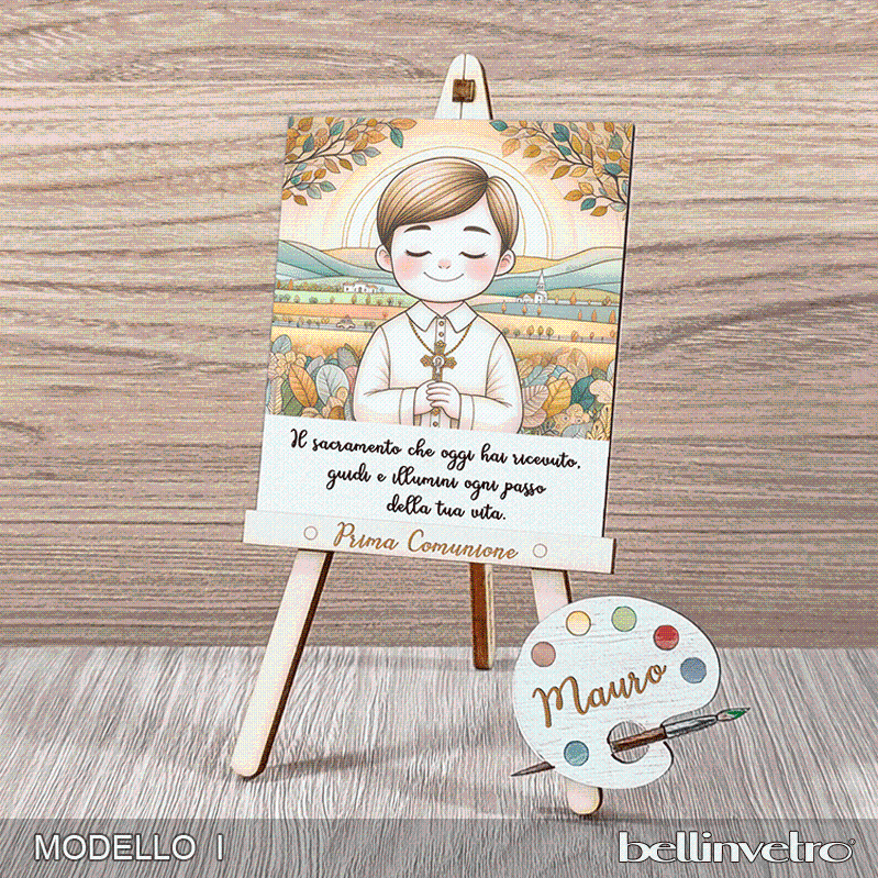 Cavalletti con quadretti | tele con tavolozze in legno per comunione bimbo bimba BELLINVETRO VR-UV 1204