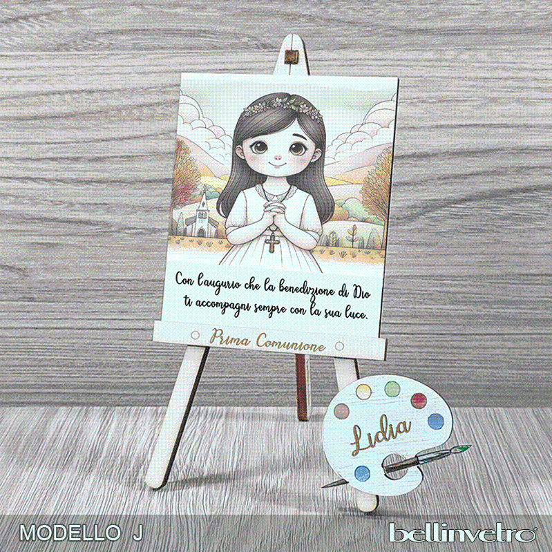 Cavalletti con quadretti | tele con tavolozze in legno per comunione bimbo bimba BELLINVETRO VR-UV 1204