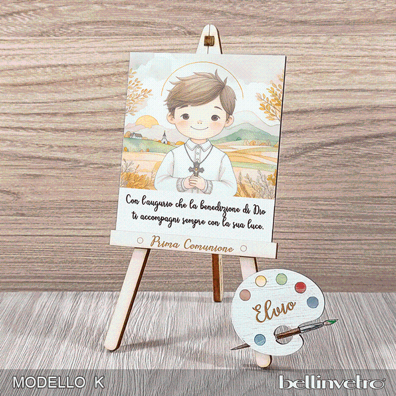 Cavalletti con quadretti | tele con tavolozze in legno per comunione bimbo bimba BELLINVETRO VR-UV 1204