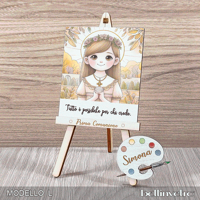 Cavalletti con quadretti | tele con tavolozze in legno per comunione bimbo bimba BELLINVETRO VR-UV 1204