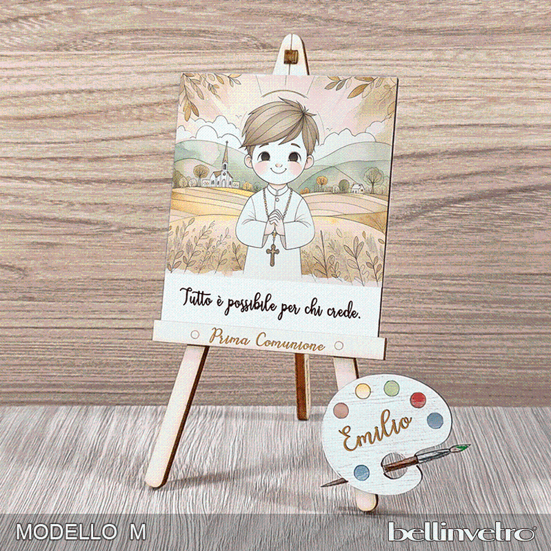 Cavalletti con quadretti | tele con tavolozze in legno per comunione bimbo bimba BELLINVETRO VR-UV 1204