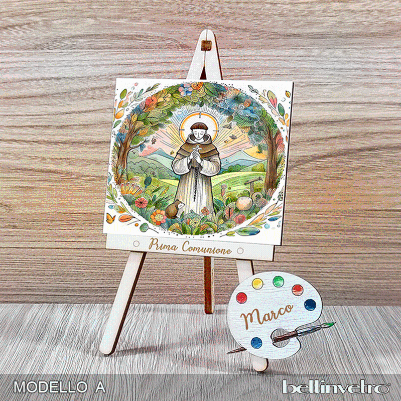 Cavalletti con quadretti | tele con tavolozze in legno per comunione bimbo bimba BELLINVETRO VR-UV 1204
