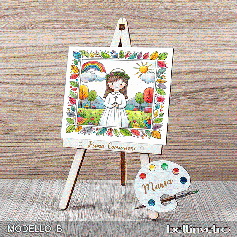 Cavalletti con quadretti | tele con tavolozze in legno per comunione bimbo bimba BELLINVETRO VR-UV 1204