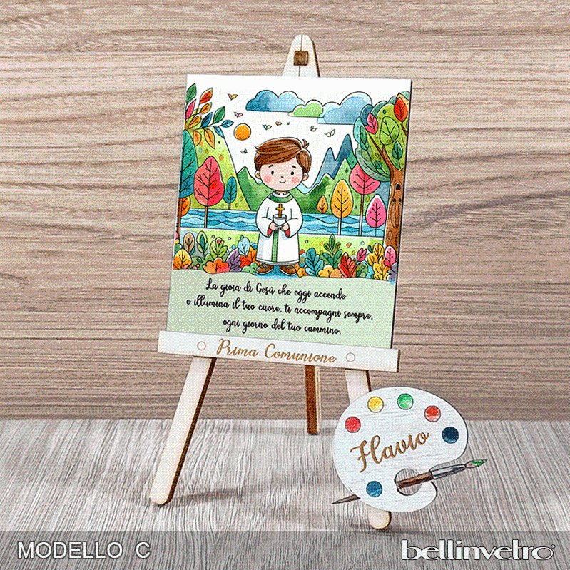 Cavalletti con quadretti | tele con tavolozze in legno per comunione bimbo bimba BELLINVETRO VR-UV 1204