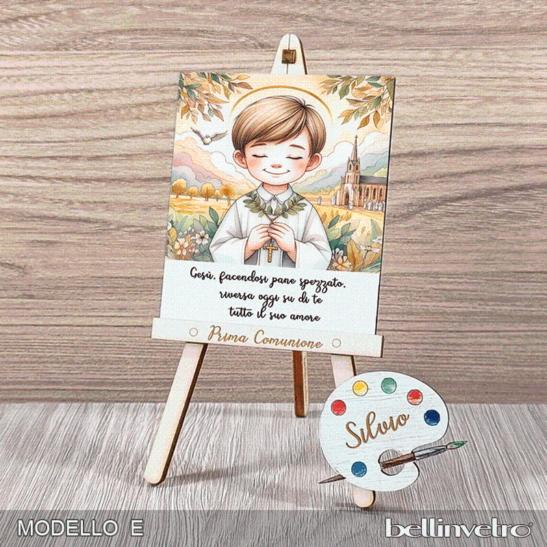 Cavalletti con quadretti | tele con tavolozze in legno per comunione bimbo bimba BELLINVETRO VR-UV 1204
