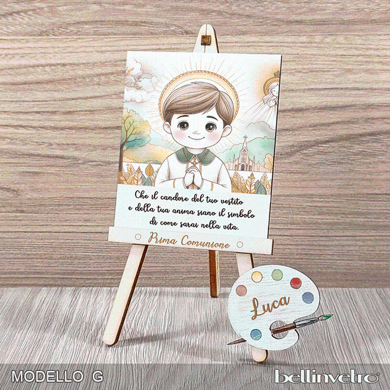 Cavalletti con quadretti | tele con tavolozze in legno per comunione bimbo bimba BELLINVETRO VR-UV 1204