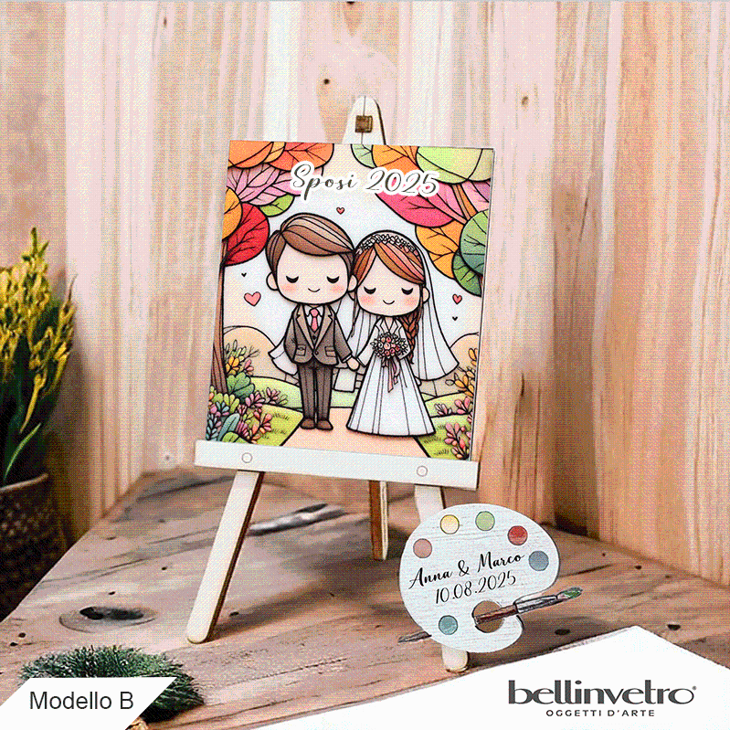 Cavalletti con quadretti - tele con tavolozze in legno per nozze coppia sposi BELLINVETRO VR-UV 1208
