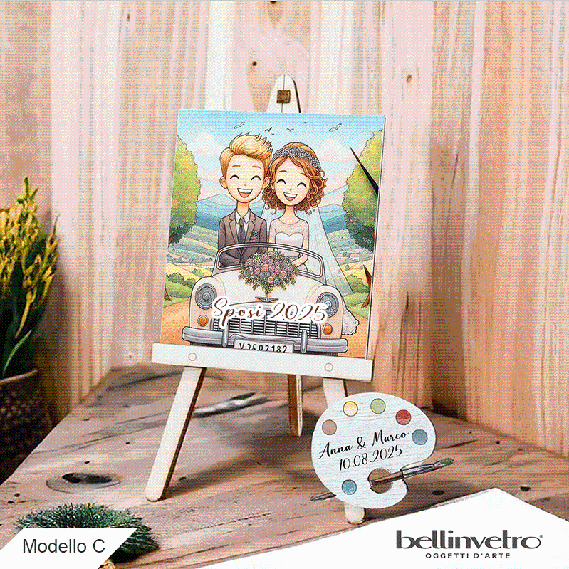 Cavalletti con quadretti - tele con tavolozze in legno per nozze coppia sposi BELLINVETRO VR-UV 1208