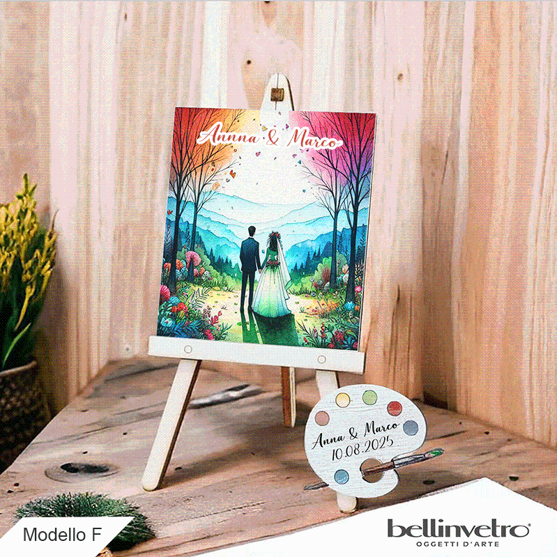 Cavalletti con quadretti - tele con tavolozze in legno per nozze coppia sposi BELLINVETRO VR-UV 1208
