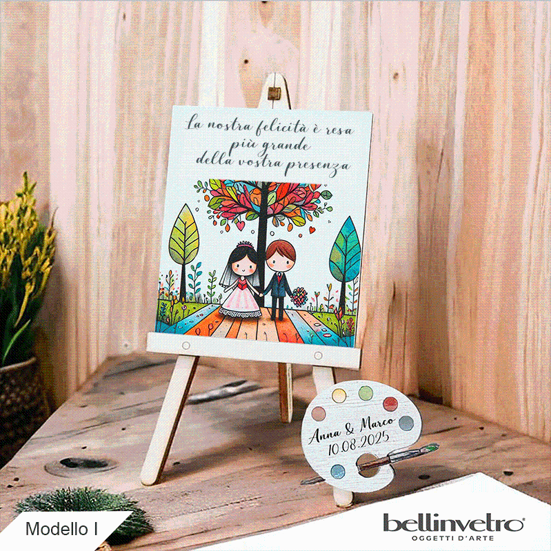Cavalletti con quadretti - tele con tavolozze in legno per nozze coppia sposi BELLINVETRO VR-UV 1208