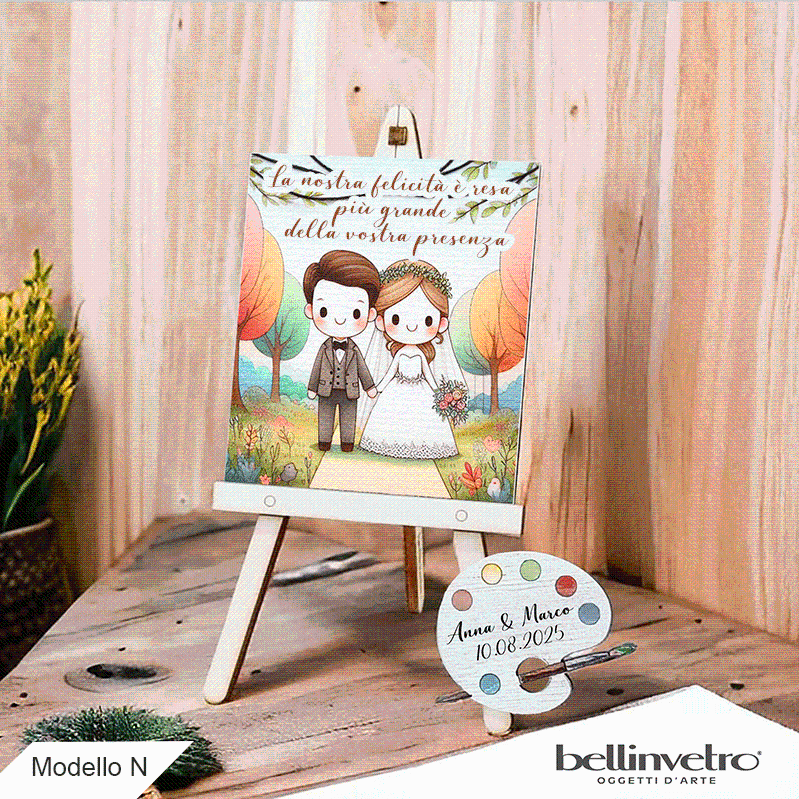 Cavalletti con quadretti - tele con tavolozze in legno per nozze coppia sposi BELLINVETRO VR-UV 1208