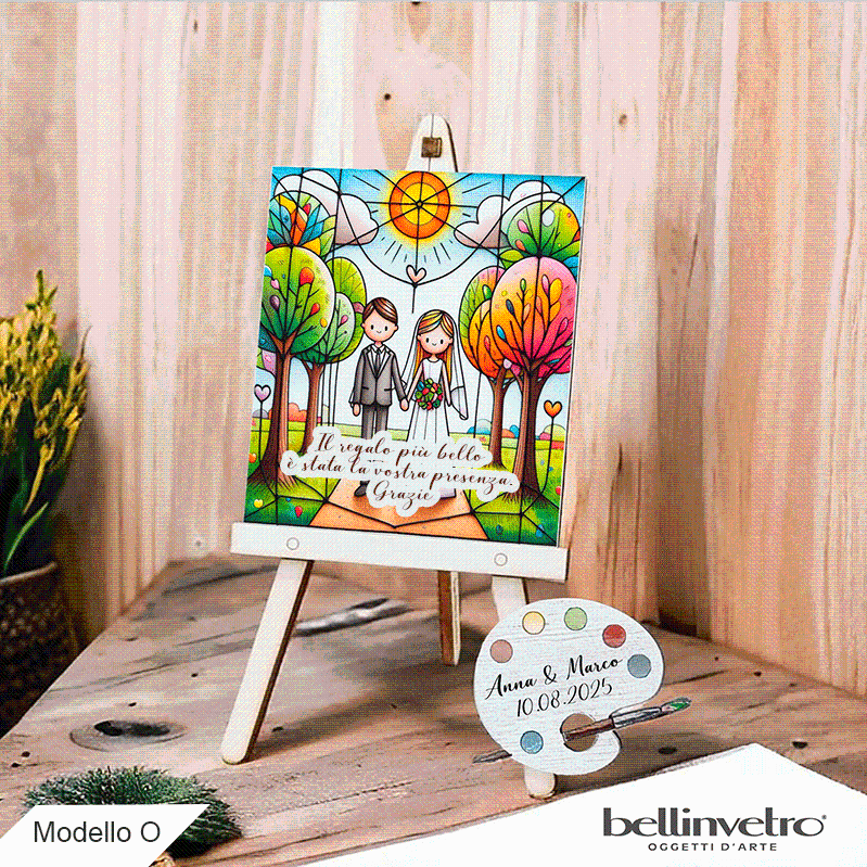 Cavalletti con quadretti - tele con tavolozze in legno per nozze coppia sposi BELLINVETRO VR-UV 1208