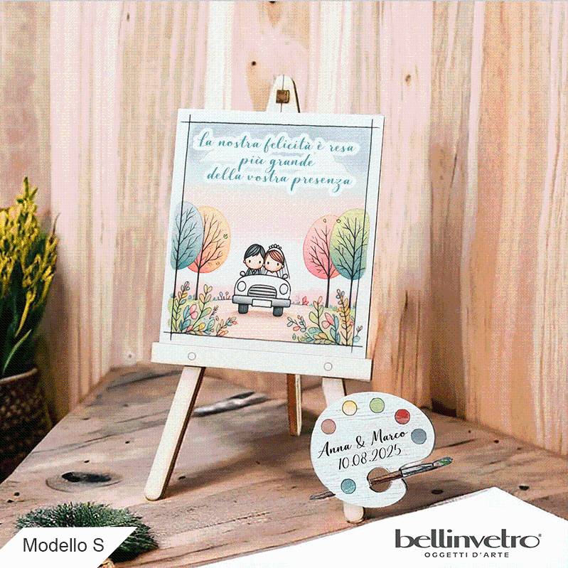 Cavalletti con quadretti - tele con tavolozze in legno per nozze coppia sposi BELLINVETRO VR-UV 1208
