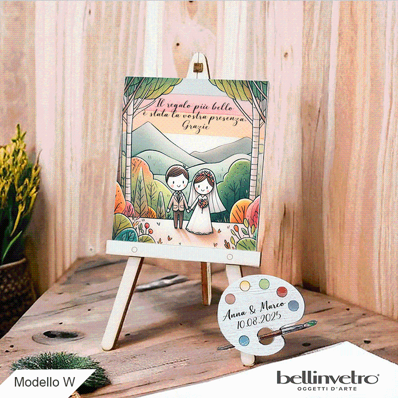 Cavalletti con quadretti - tele con tavolozze in legno per nozze coppia sposi BELLINVETRO VR-UV 1208