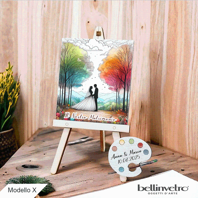 Cavalletti con quadretti - tele con tavolozze in legno per nozze coppia sposi BELLINVETRO VR-UV 1208