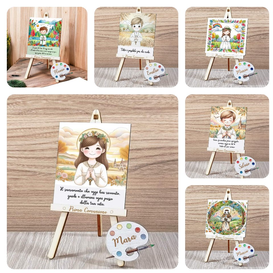 Cavalletti con quadretti | tele con tavolozze in legno per comunione bimbo bimba BELLINVETRO VR-UV 1204