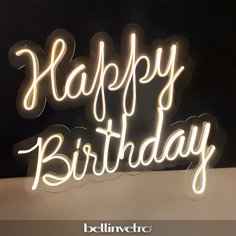 Scritta neon LED INCOLLATO - happy birthday monocolore o RGB da parete BELLINVETRO VR 309