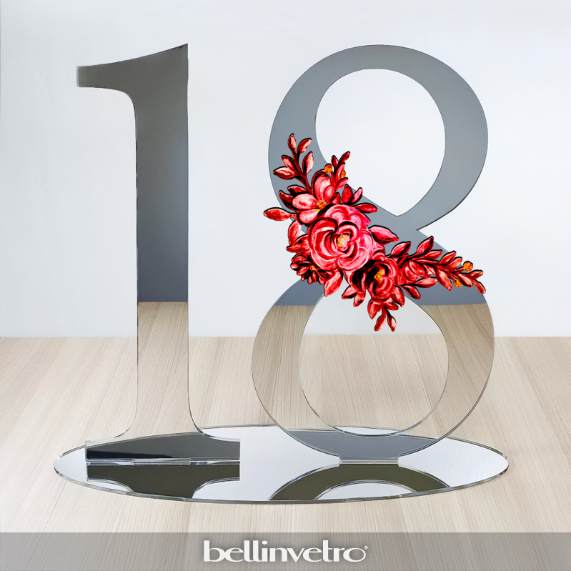 Numero personalizzabile in plexiglass specchiato con decoro floreale BELLINVETRO VR 1120