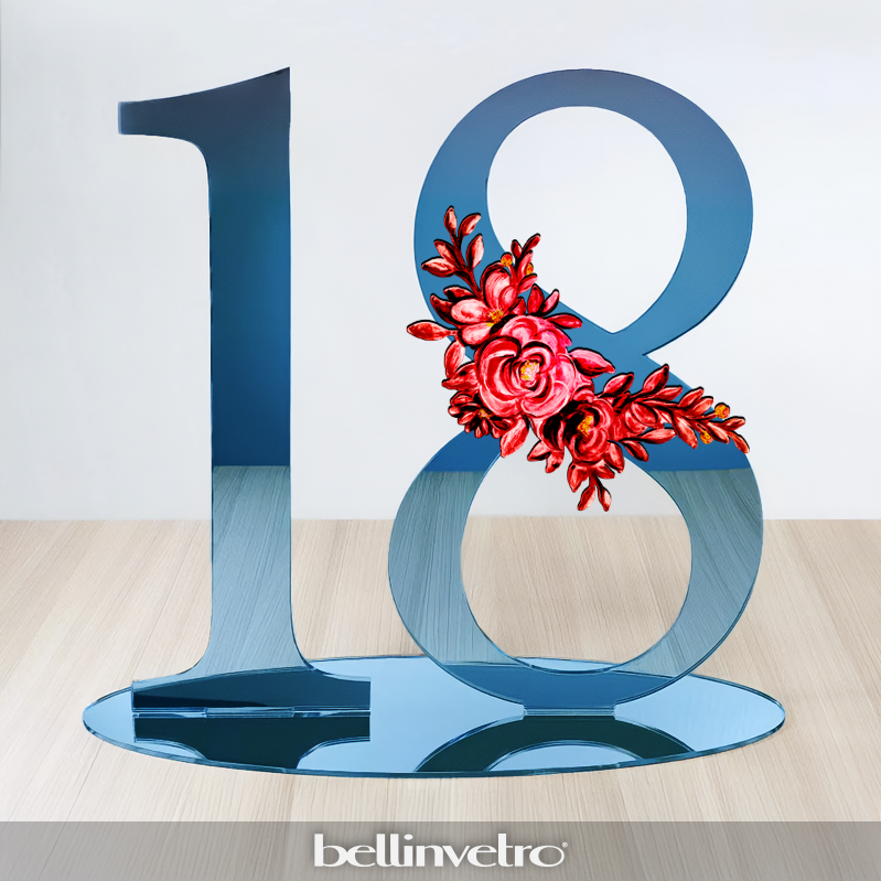 Numero personalizzabile in plexiglass specchiato con decoro floreale BELLINVETRO VR 1120