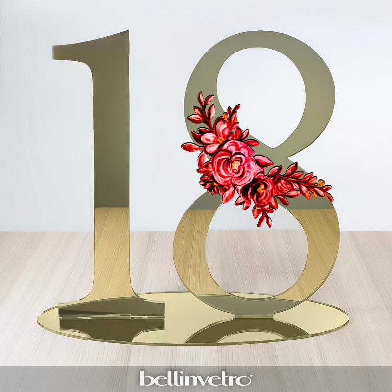 Numero personalizzabile in plexiglass specchiato con decoro floreale BELLINVETRO VR 1120