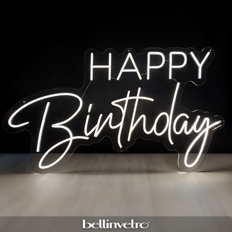 Scritta neon LED INCASSATO - happy birthday monocolore da parete BELLINVETRO VR 1309