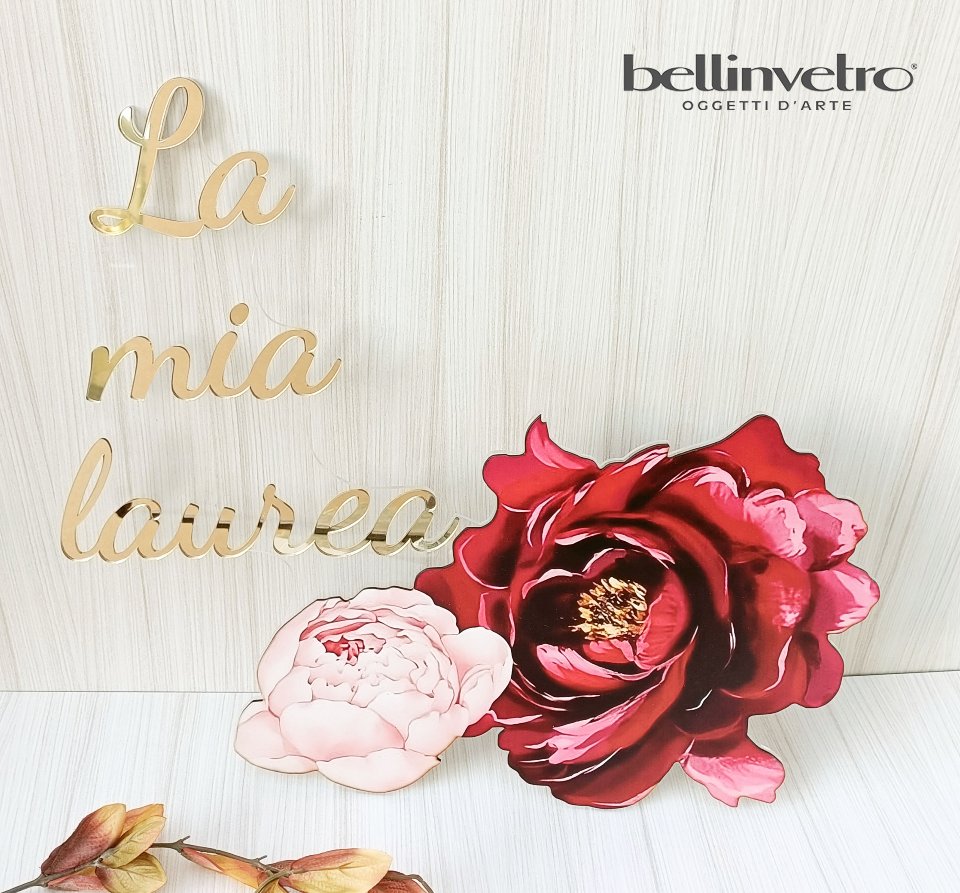 Scritta con decoro floreale e plexiglass specchiato in sovrapposizione | La mia Laurea BELLINVETRO VR-UV 838