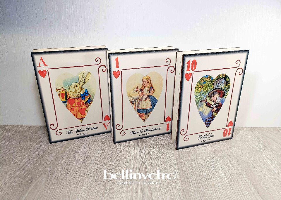 COFANETTO| SCATOLA LEGNO CON STAMPA CARTA ALICE NEL PAESE DELLE MERAVIGLIE BELLINVETRO UV-VR 424