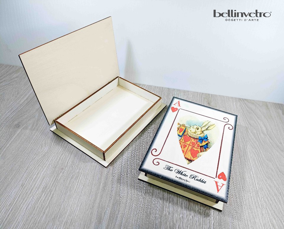 COFANETTO| SCATOLA LEGNO CON STAMPA CARTA ALICE NEL PAESE DELLE MERAVIGLIE BELLINVETRO UV-VR 424